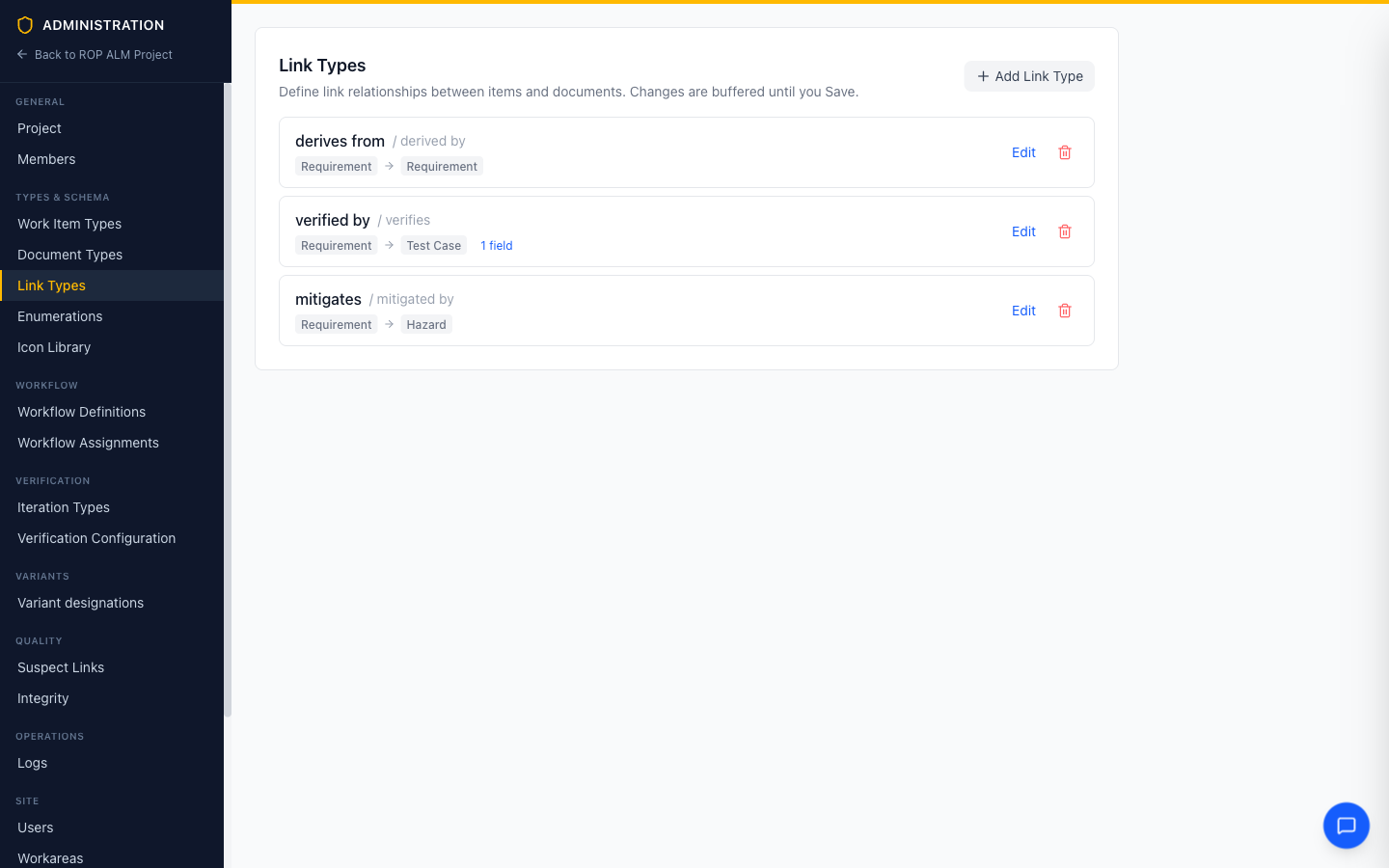 The Link Types page with type rules and the editor open