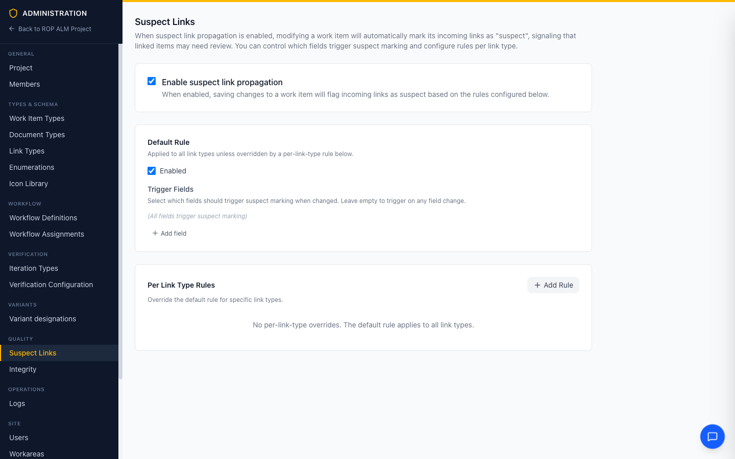 The Suspect Links configuration with default and per-link-type rules