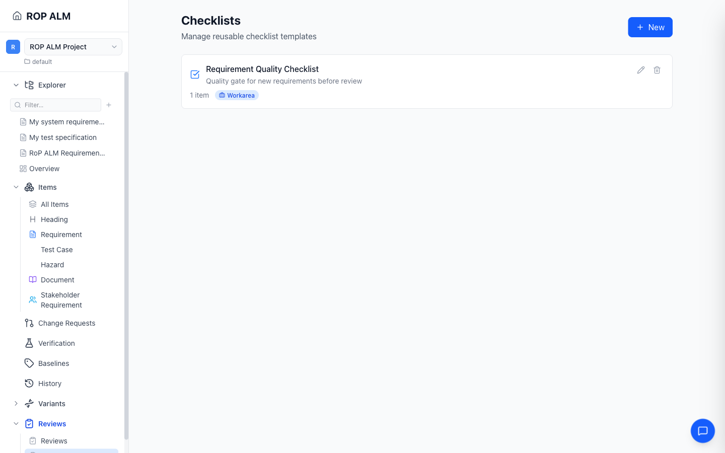 The checklists page with templates of different scopes