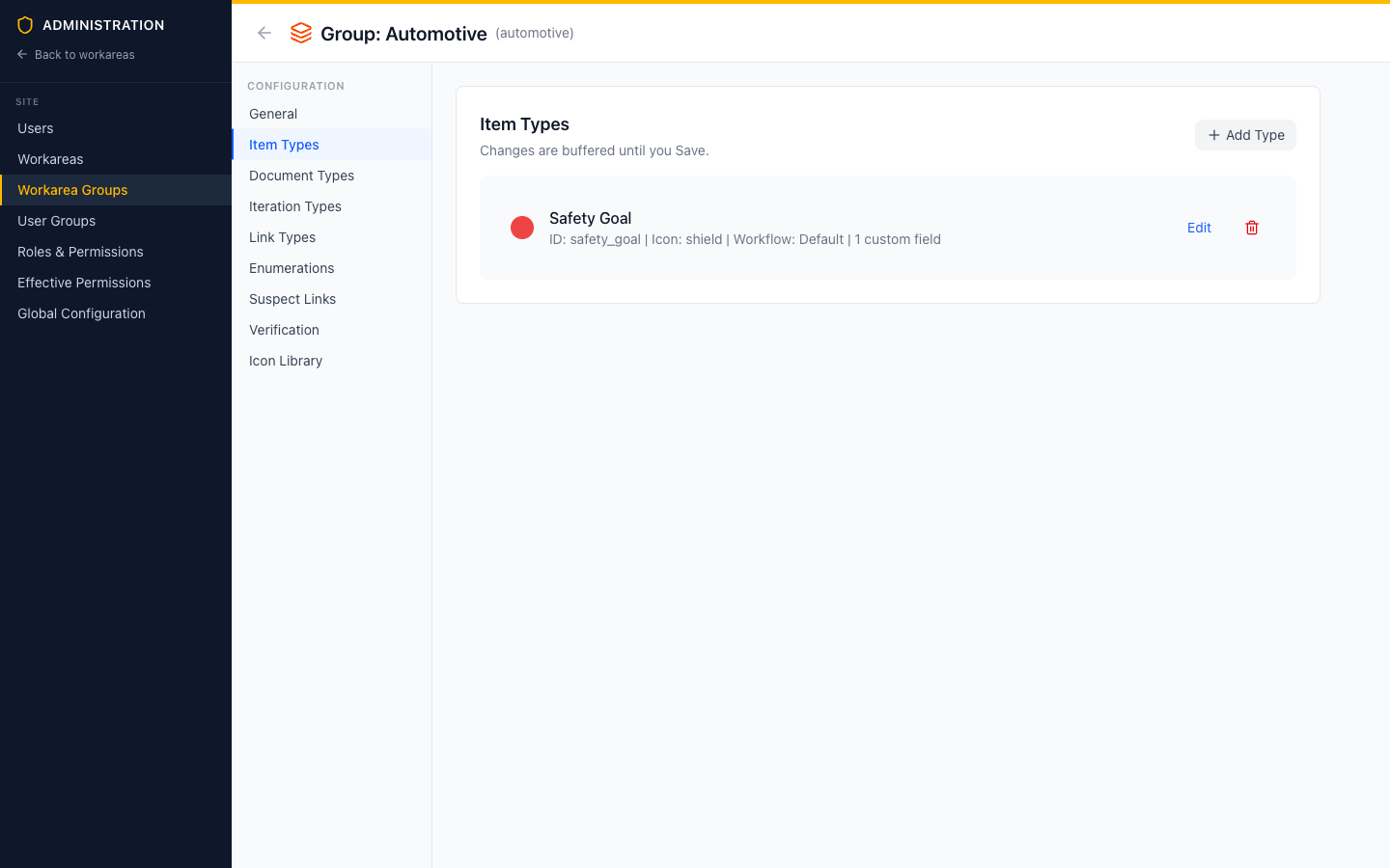 Automotive group settings with the Safety Goal item type