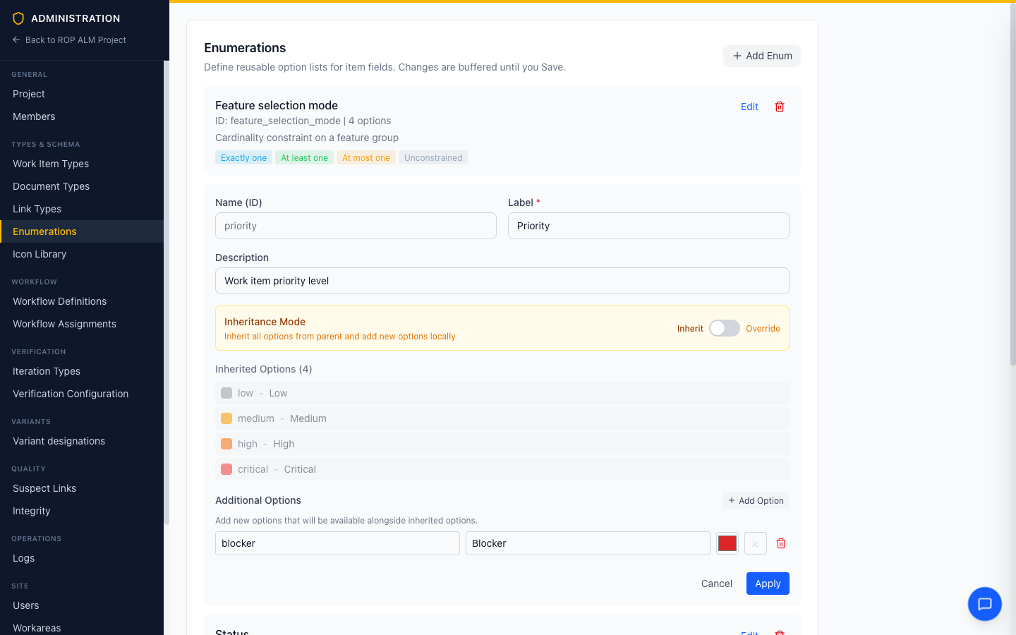 Enumeration editor showing inherited options and a local addition