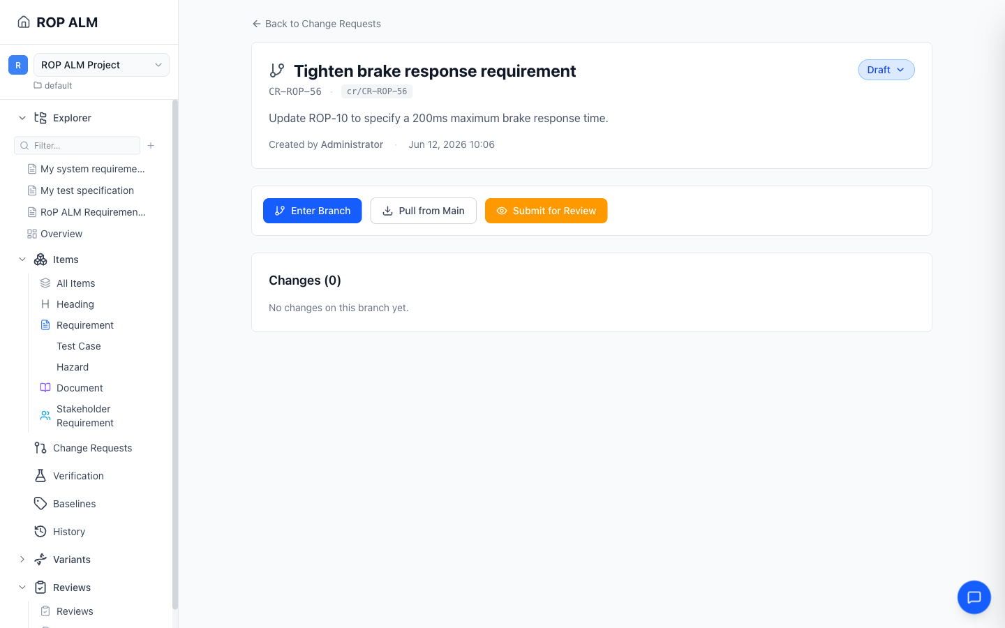 A change request detail page with the status dropdown and actions