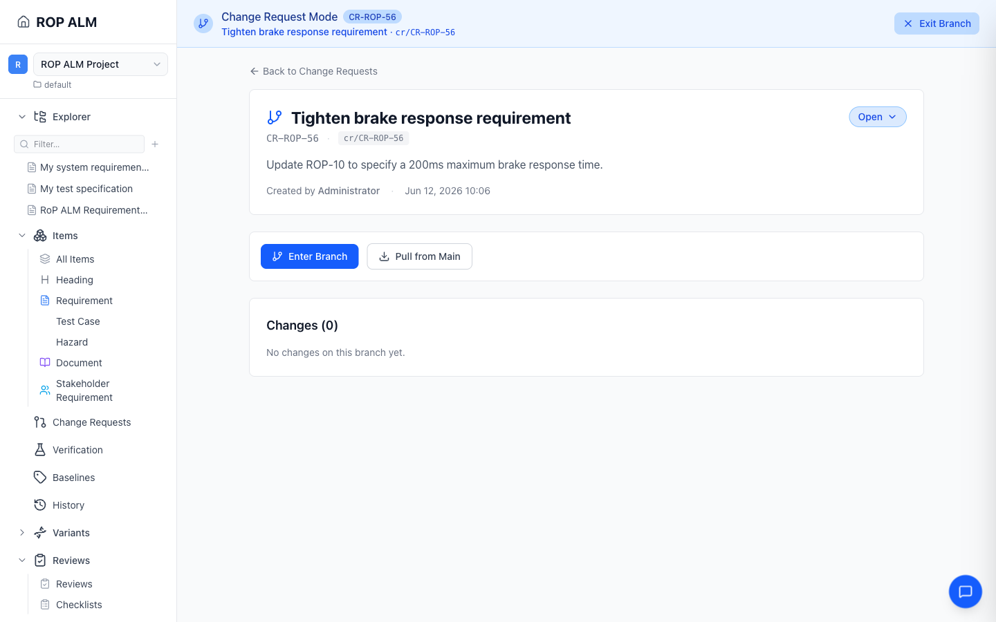 The Change Request Mode banner shown while working on a branch