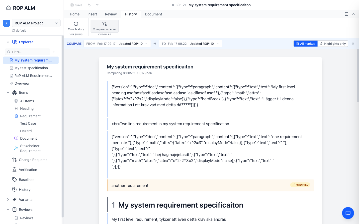 Document compare showing track-changes markup