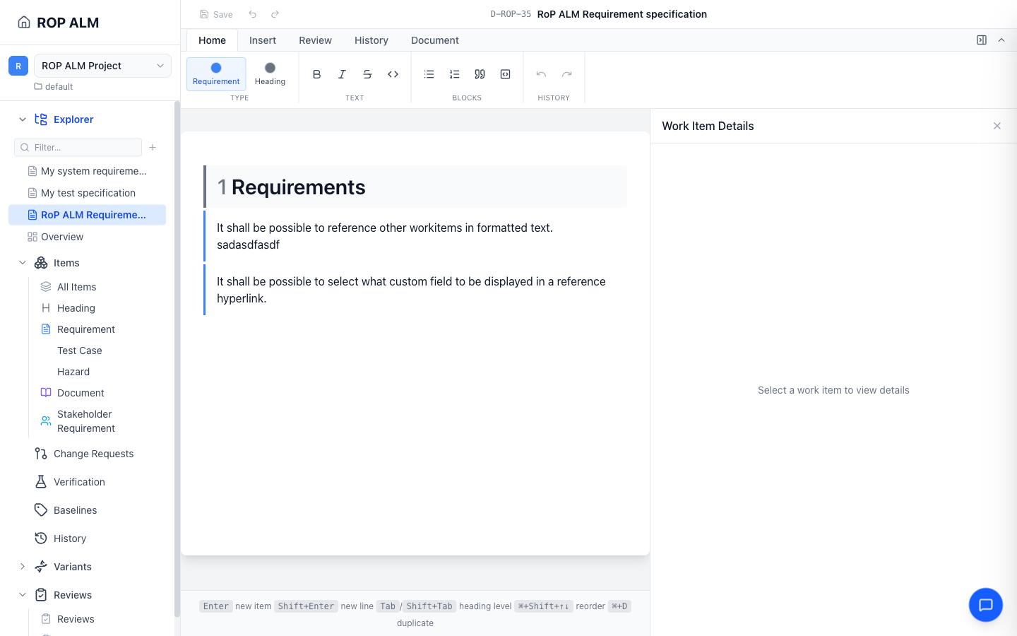The document editor with the Home ribbon tab and numbered headings