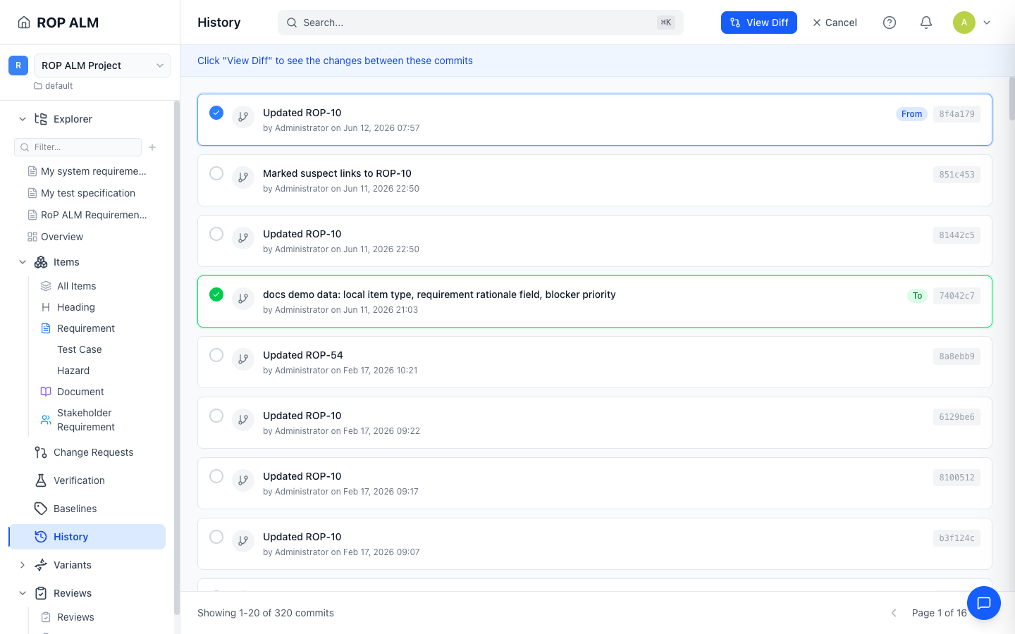 Compare mode on the History page with From and To commits selected
