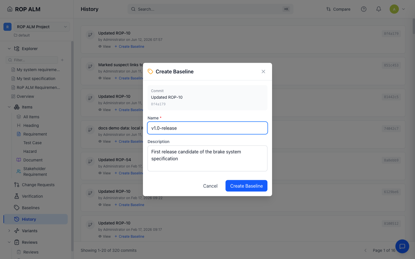 Creating a baseline from a commit on the History page