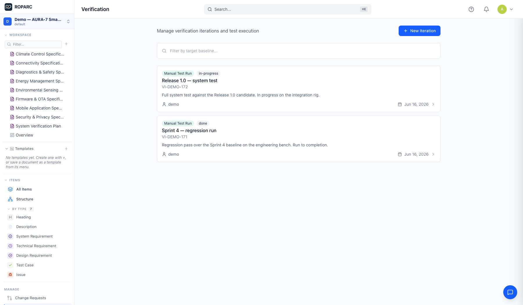 The Verification page listing a Release 1.0 system test in progress and a completed Sprint 4 regression run.