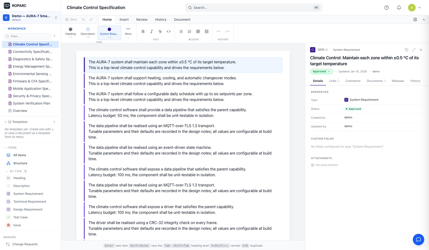 The document editor showing the Climate Control Specification with a system requirement selected and its details panel open on the right.