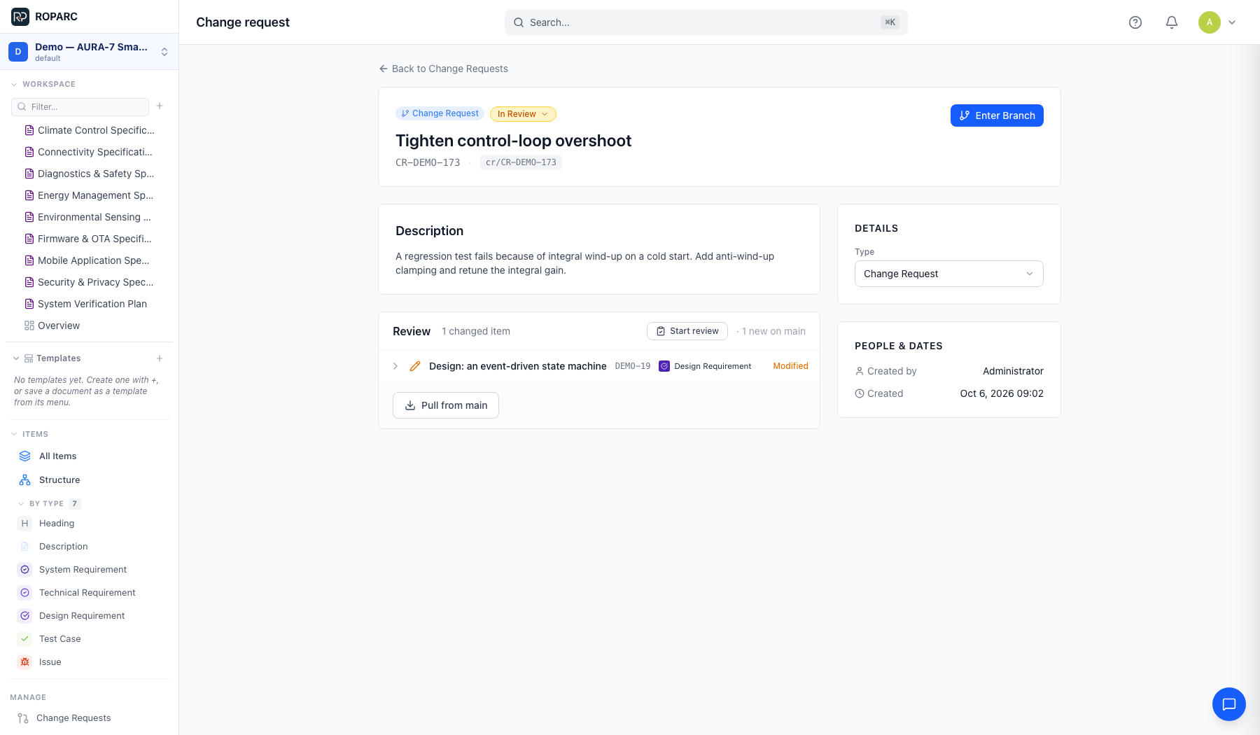 A change request "Tighten control-loop overshoot" in review, listing one modified design requirement and offering Enter Branch, Start review and Pull from main.