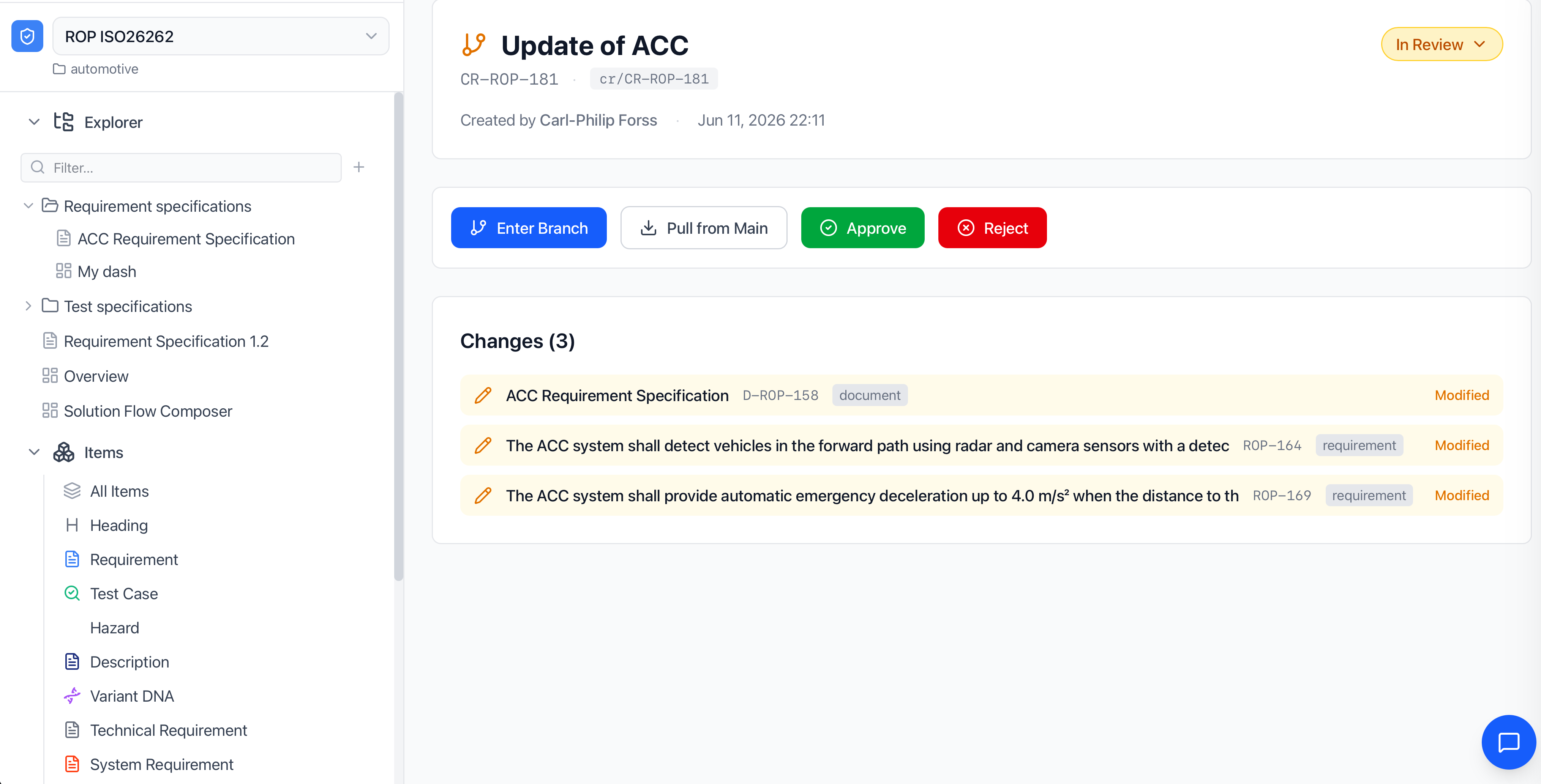 A change request "Update of ACC" in review, showing Enter Branch / Approve / Reject actions and a Changes section listing three modified items.