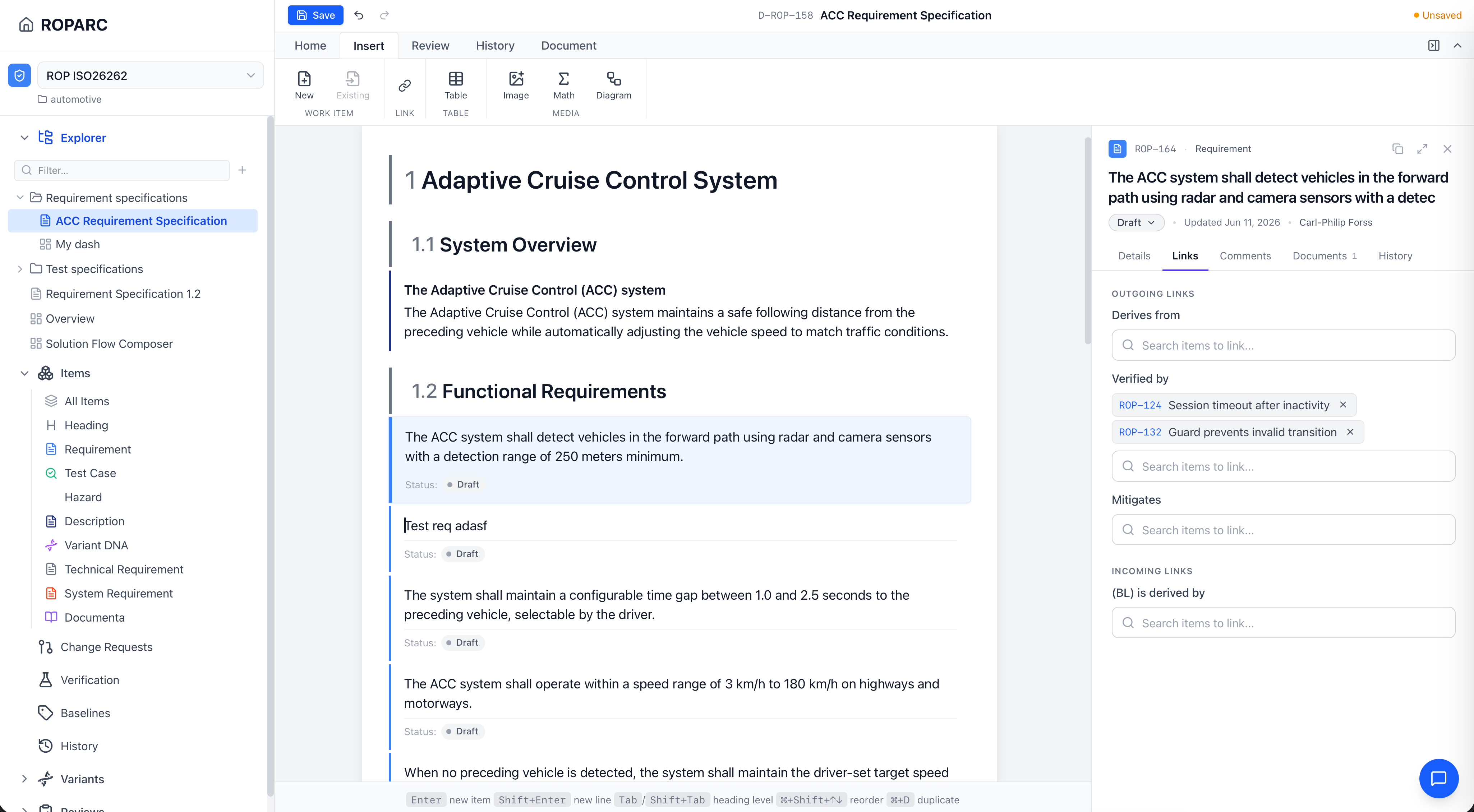 The document editor showing a numbered Adaptive Cruise Control specification with an item details and links panel open on the right.