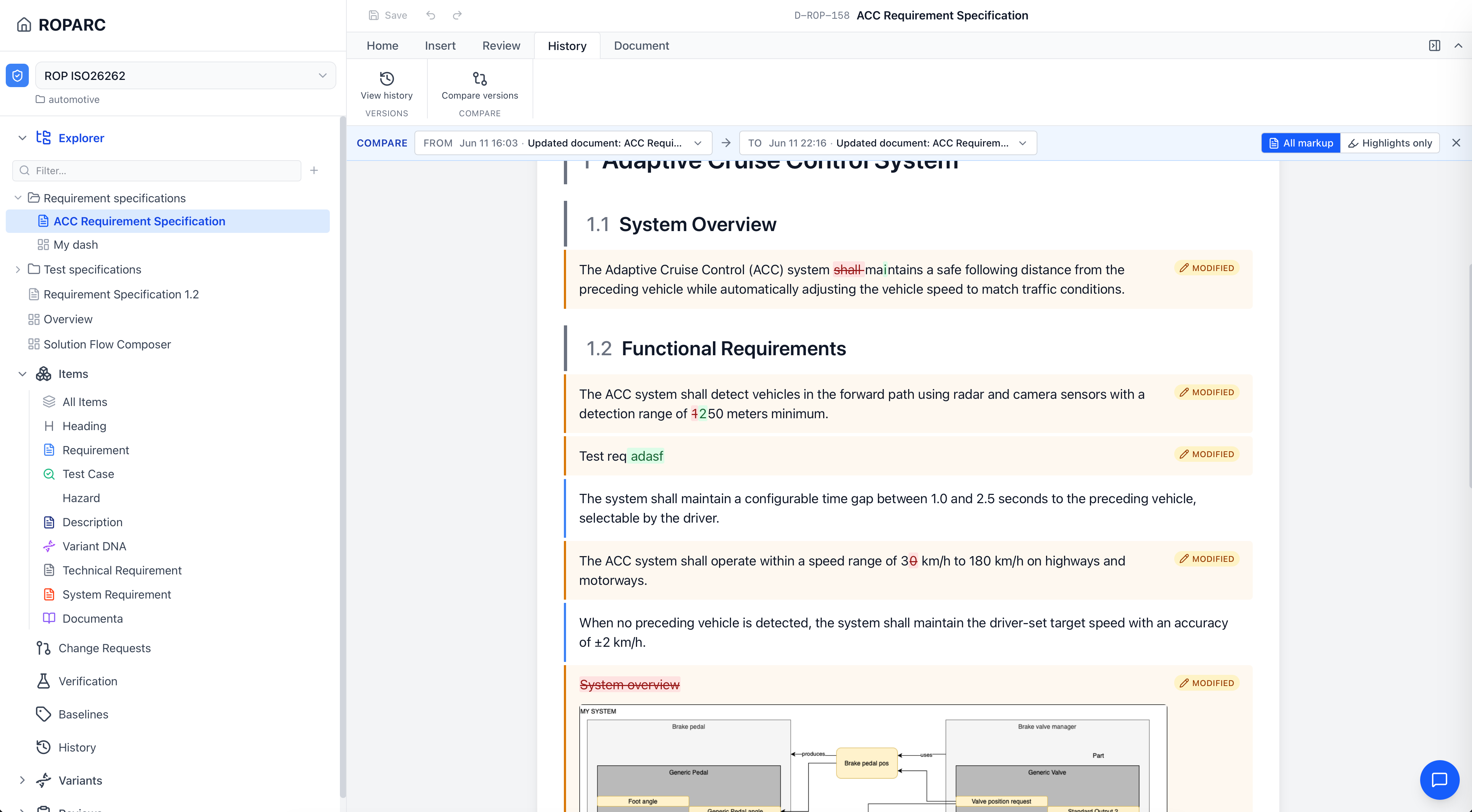 A document open in compare mode with track-changes redlines — inserted text highlighted and removed text struck through against an earlier revision.
