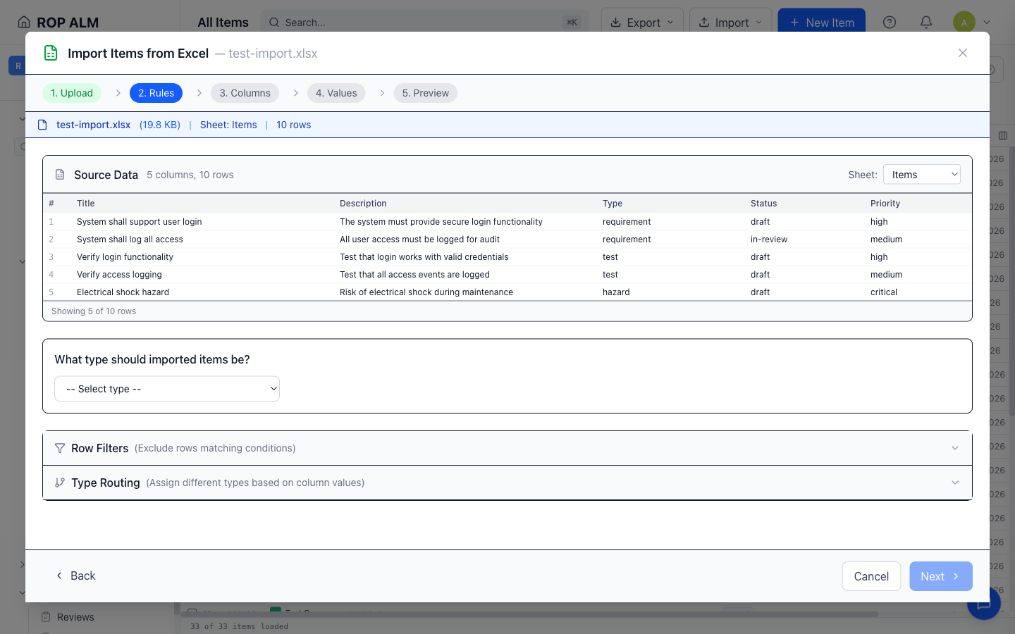 The Excel import wizard on the Rules step