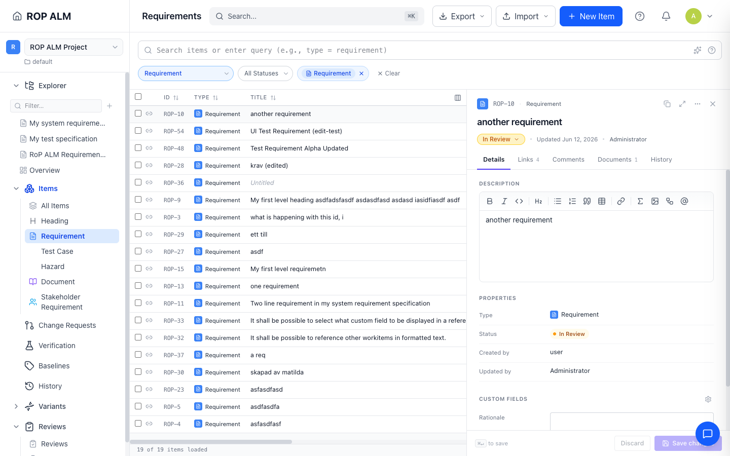 The items list with filters, smart search, and the side panel open
