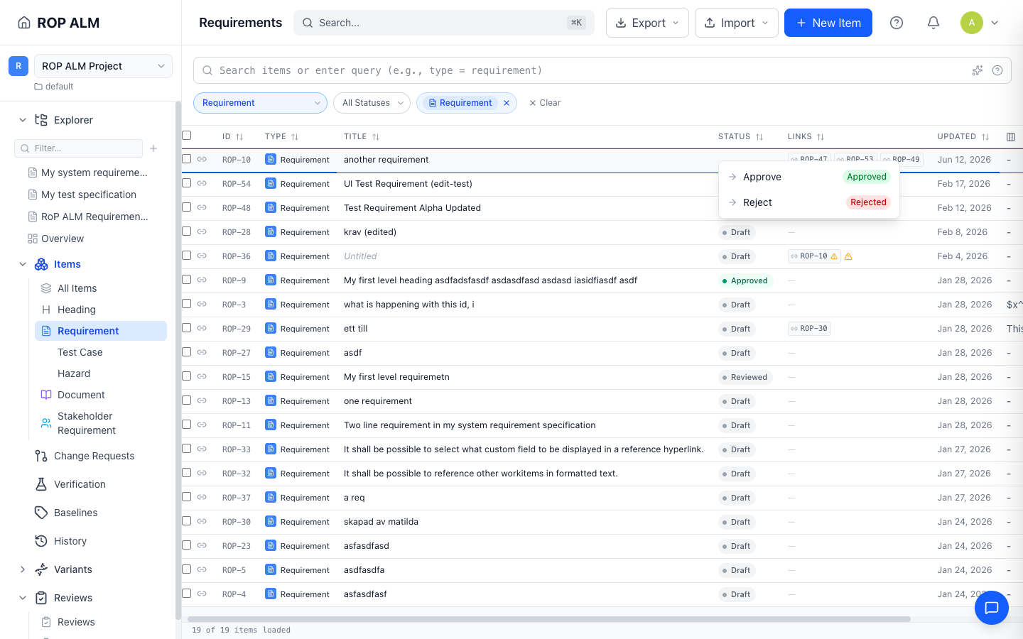 Double-clicking a Status cell opens the inline transition dropdown