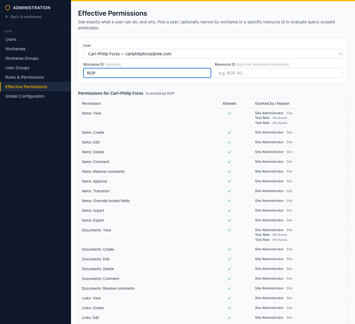 The Effective Permissions inspector showing a per-permission truth table for a user