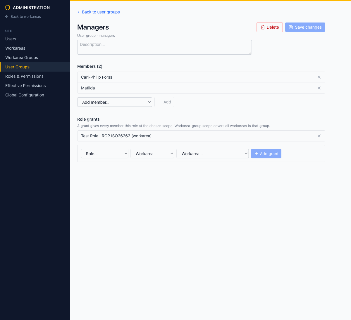 A user group's detail page with members and role grants
