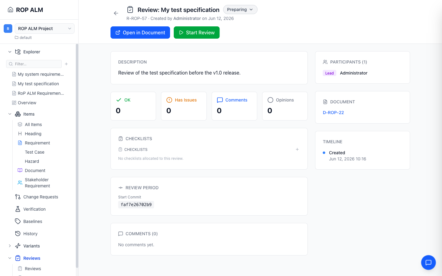 A review detail page with summary cards, checklists, and participants