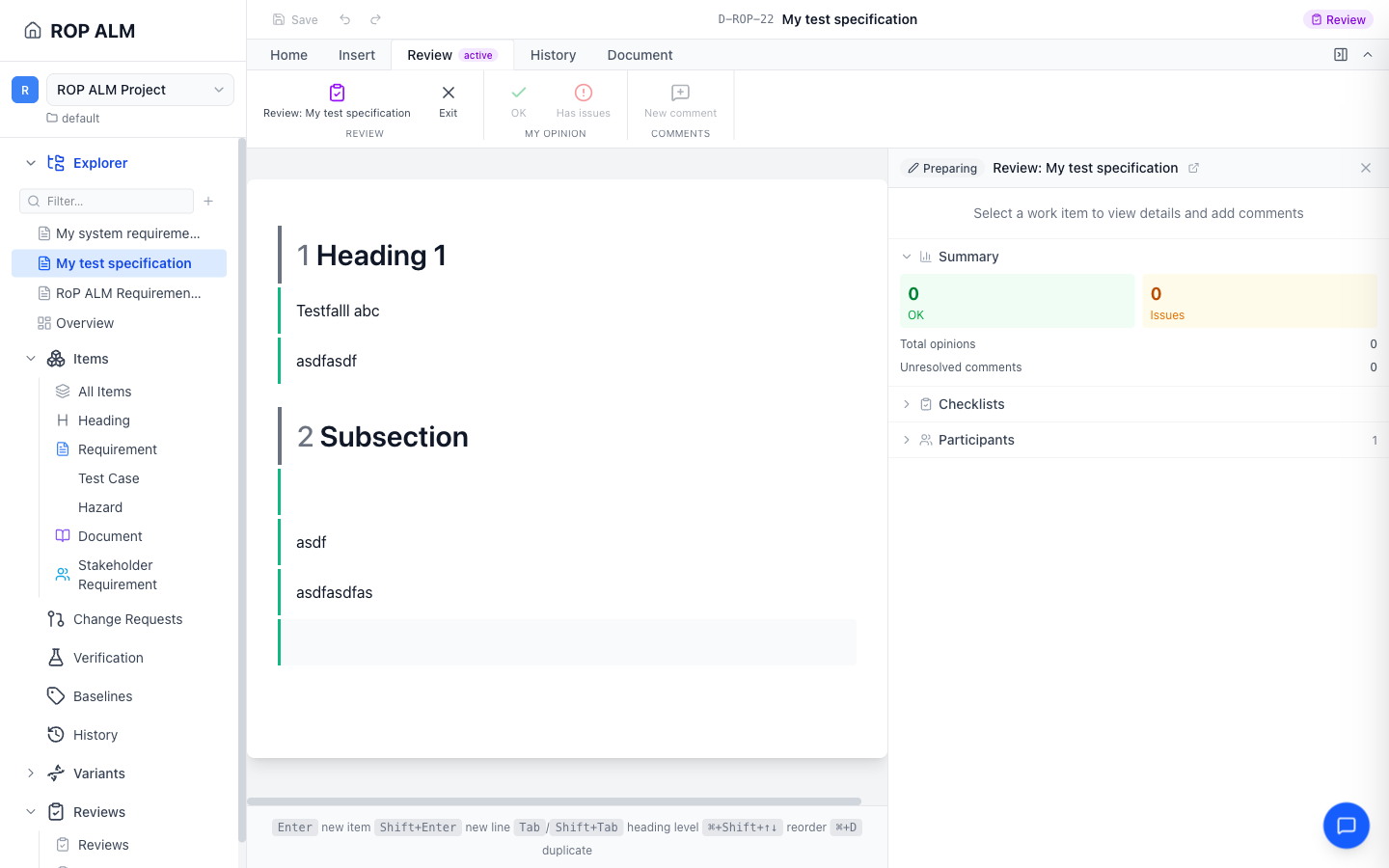 The document editor in review mode with the Review ribbon tab and opinion gutter
