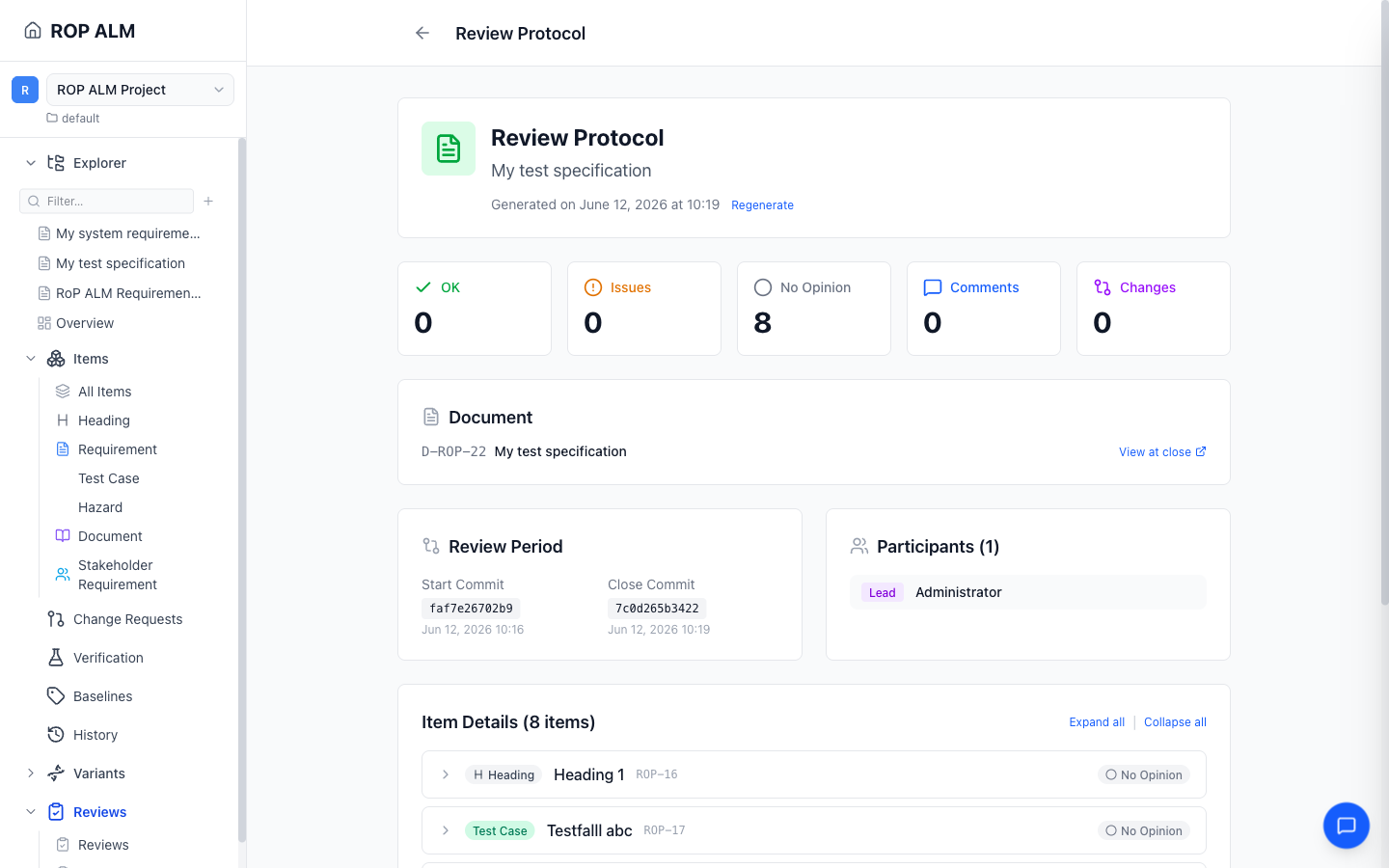 A review protocol with summary cards and the review period