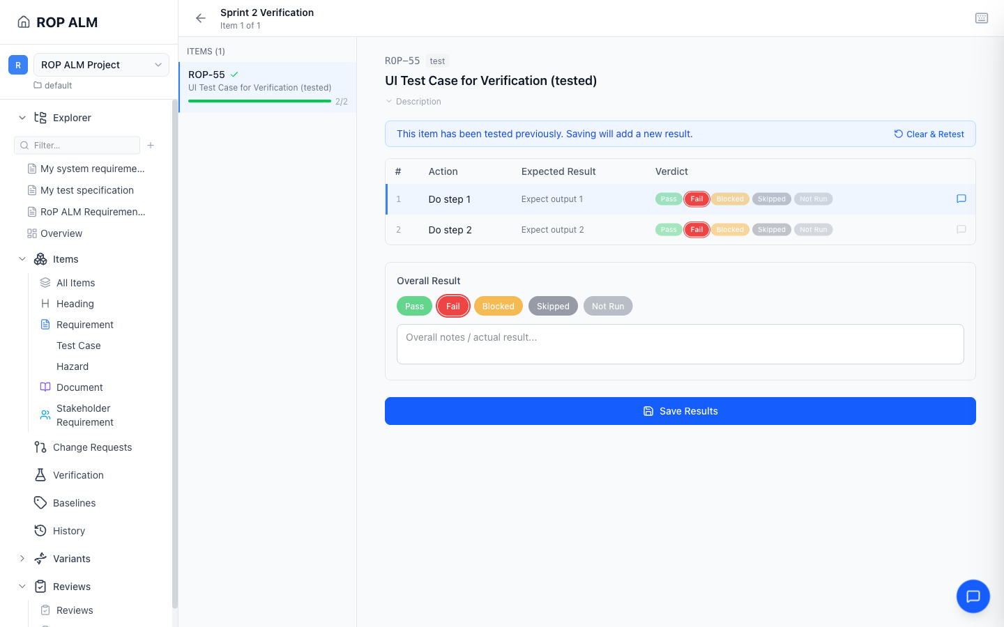 A verification execution view linking a requirement to its test case and result.