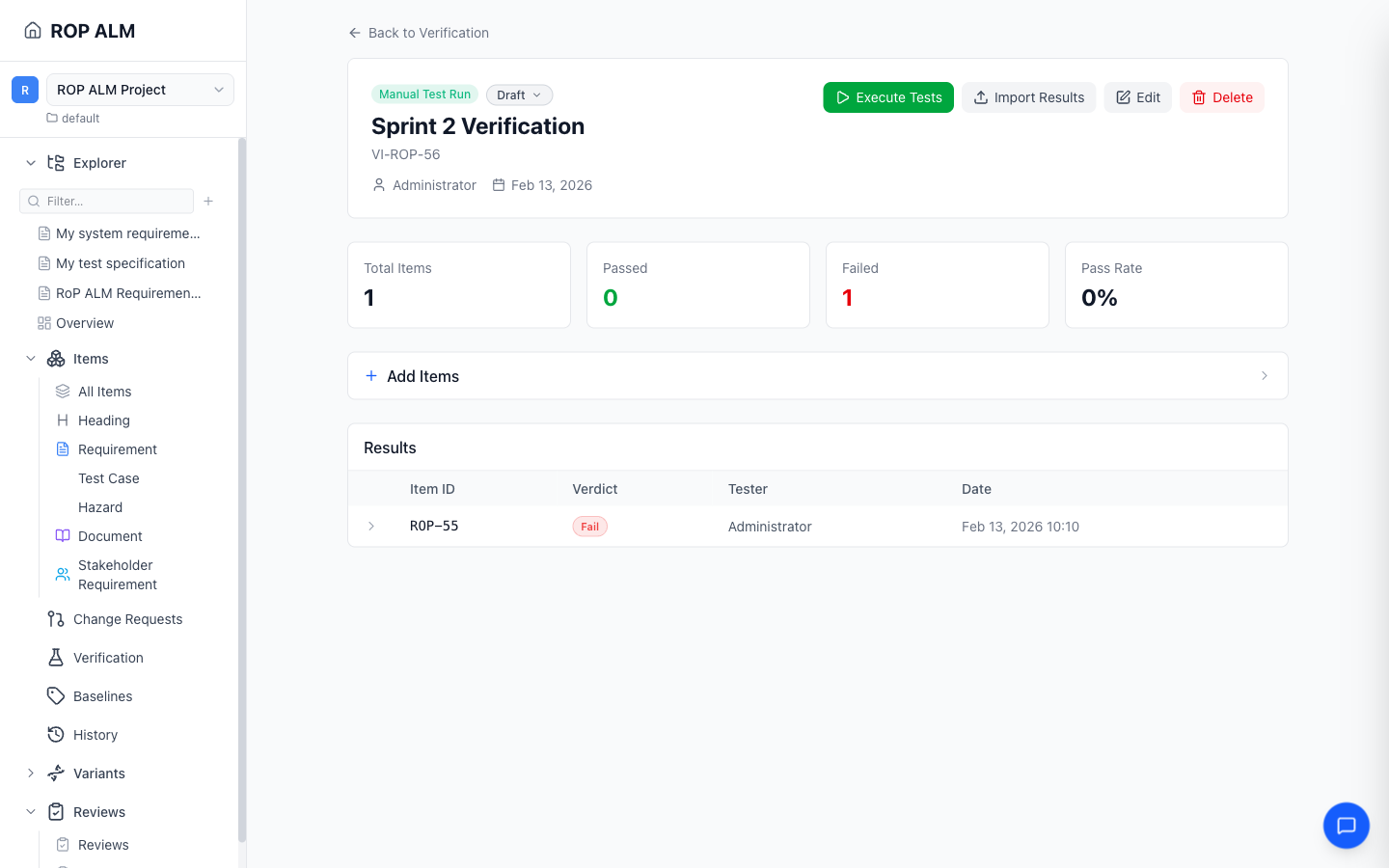 A verification iteration with stats, items, and results